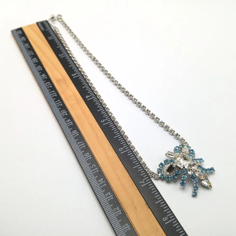 Mid-Century Turquoise Blue Clear Rhinestone Choker Necklace, Rhodium Plated